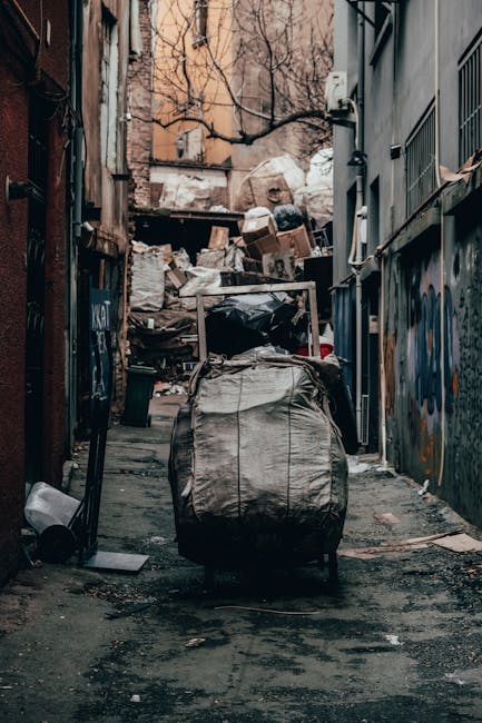 A narrow urban alleyway filled with a large, black and gray plastic rubbish bag in the foreground, positioned on the cracked and stained pavement. Directly behind it, a metal trolley or dolly with a handle leans against the bag, suggesting disposal or collection activity. Further into the alley, an extensive pile of mixed waste, including cardboard boxes, paper, plastic bags, and other household or miscellaneous rubbish, is stacked against a wooden fence and partially blocking the path. The background shows the rear walls of multi-story buildings with various textures; one has exposed brickwork while another is coated in faded, graffiti-covered paint. A leafless tree extends its bare branches overhead, indicating late autumn or winter. The lighting is subdued, with natural daylight faintly illuminating the scene, reflecting an environment suitable for private waste handling or alternative rubbish collection services such as those provided by Waste Collection Croydon.